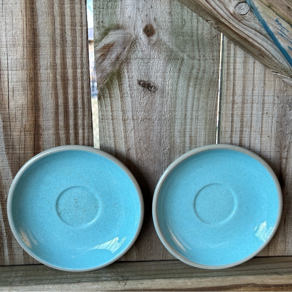 Set of 2 Vintage Blue Harkerware Stone China Ovenproof Saucers Size 6”